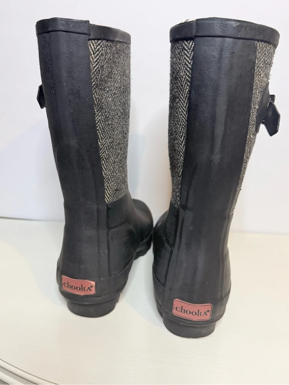 Chooka Waterproof Herringbone Rain Boots Black Buckle Size 6